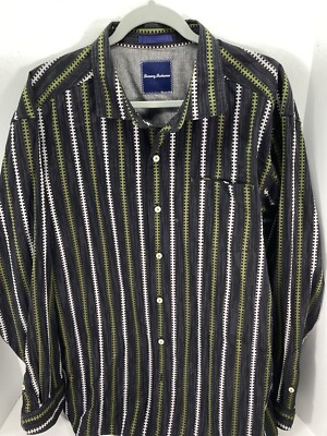 Tommy Bahama Shirt Men Size XL Green Black Stripe Long Sleeve Button 100% Cotton