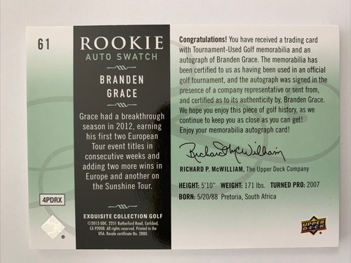 2014 Upper Deck Exquisite Branden Grace Rookie RC Patch Auto PGA Golf 123/175 - Picture 2 of 4