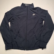 Nike Logo Full Zip Windbreaker Womens Small Blue Jacket Hood VTG 1990-2000 Spots