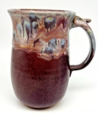 Potternot Pottery Tankard Mug Thumb Rest 6'' Marbled Drip Glaze Raspberry USA