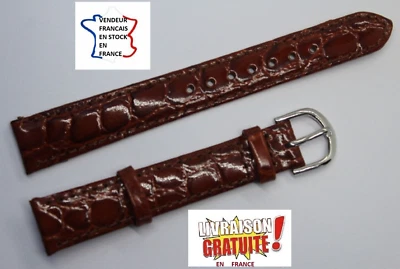 Bracelet montre ,14mm ;MARRON grain CROCO;CUIR VERITABLE;Boucle ARGENTEE/ 297-2 - Photo 1/2
