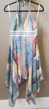 SALE BCBGMAXAZRIA Dress Multicolor Silk Halter Backless Handkerchief Hem Sz 8