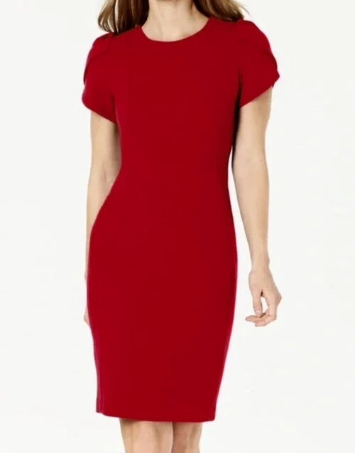CALVIN KLEIN SHEATH DRESS UNIQUE TULIP SLEEVE RED SIZE 6P NWT