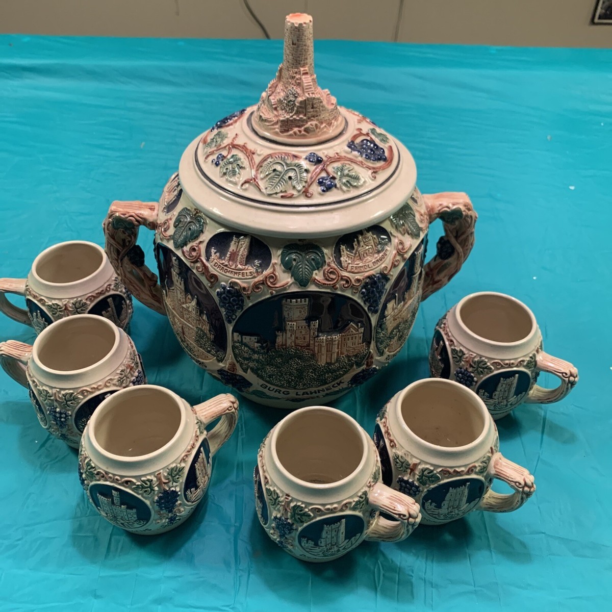 Gerz German Rumtopf Castle Stoneware Punch bowl Tureen Set w/ 6