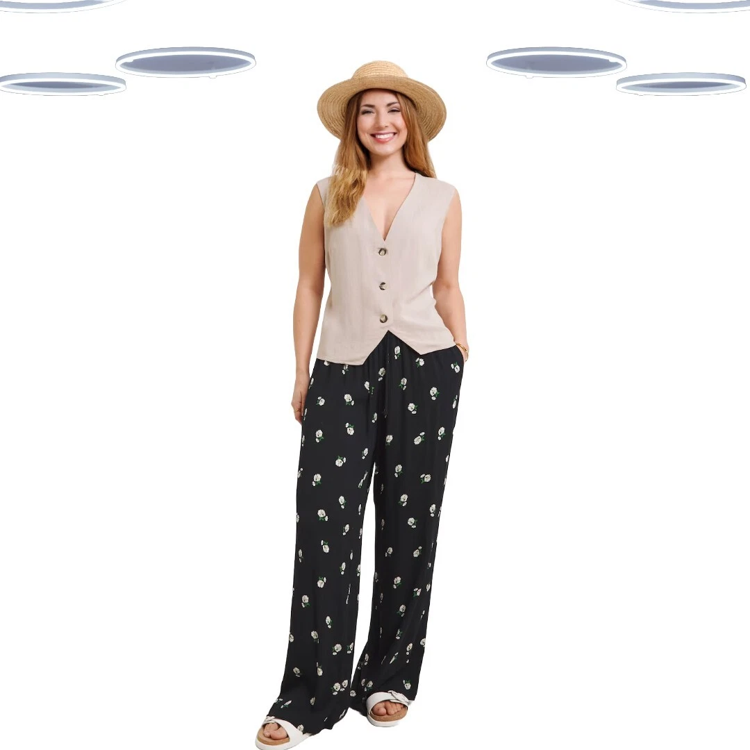 Ex Simply Be Women's Plus Size Daisy Print Crinkle Wide Leg Trousers in Black