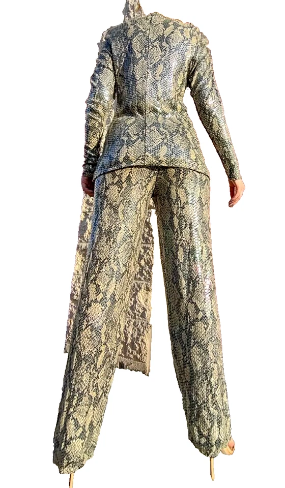 Chaqueta Pantalones Serpiente Alta Costura Años 70 Lentejuelas Líquidas Estrás Botón Criscione Med Foto 4 de 4