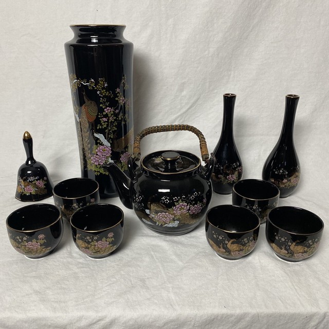 OMC Japan Otagiri Peacocks and Flowers Tea Set And Vase Set Black Gold