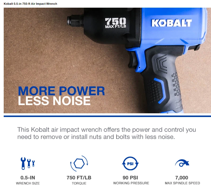 Kobalt Impact Wrench Pneumatic 1/2-in Drive 0.5-in 750-ft Air Tool Gun NEW! - Image 4 of 4