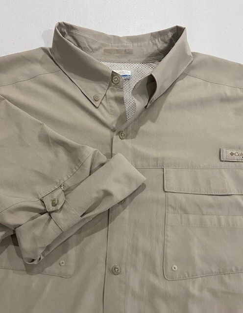 Mens Columbia PFG Vented Fishing Shirt Size 2XL Roll-Tab Sleeves Button Down Tan
