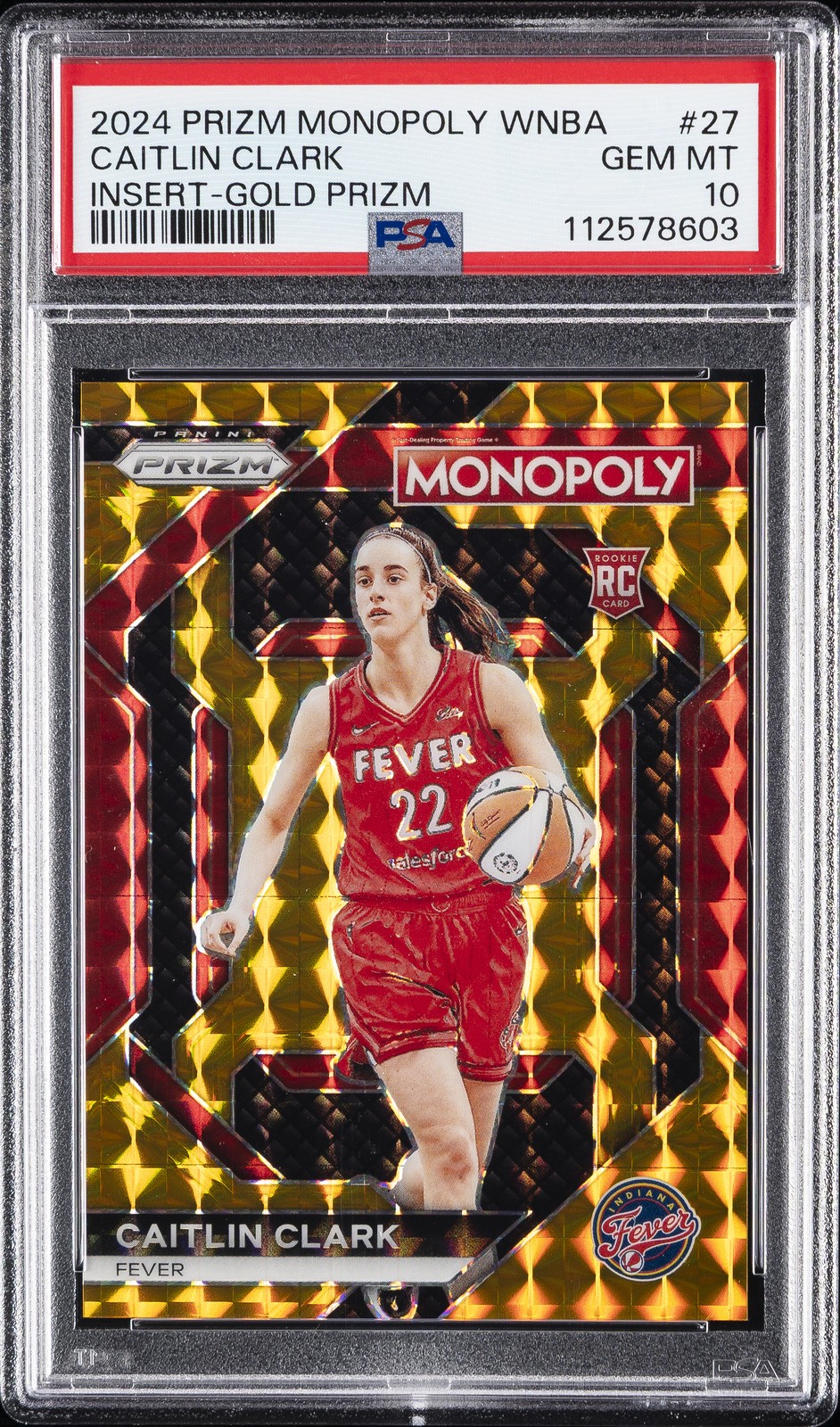 2024 PANINI PRIZM MONOPOLY WNBA INSERT GOLD PRIZM #27 CAITLIN CLARK 17/49 PSA 10