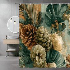 Boho Floral Leaf Shower Curtain Green Beige Botanical Print