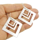 Large Square Earrings Sterling 925 Silver Wide Triple Handmade Drops for Women