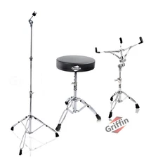 GRIFFIN 3-PACK Drum Throne, Snare Stand & Cymbal Stand Percussion BUNDLE Mount