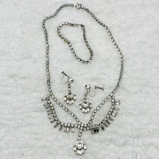 Art Deco Style Jewelry Set Festoon Necklace Screwback Earrings Bracelet READ