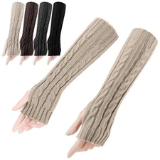 Womens Long Fingerless Wrist Arm Hands Warmer Knitted Cable Gloves Mittens Elbow