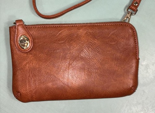 Threaded Pear Vegan Leather Cognac Convertible Crossbody Wristlet Clutch Bag