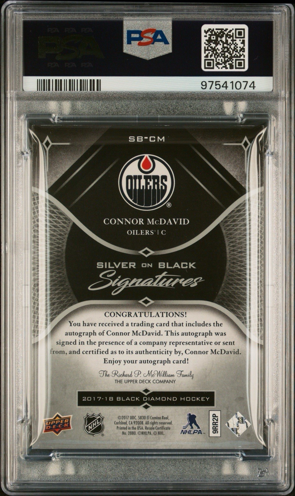 2017 UPPER DECK BLACK DIAMOND SILVER ON BLACK SIGNATURES CONNOR McDAVID /50 PSA9 view 2