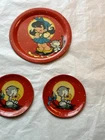 Ohio Art E. Hileman/ Tin Toy Plate Dish Girl Cat Love 4" Red. + 2 Cat Dishes 2.5