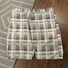 Vintage Stussy Shorts Men s 38 Plaid White Beige Grey Logo Y2K Streetwear Rare
