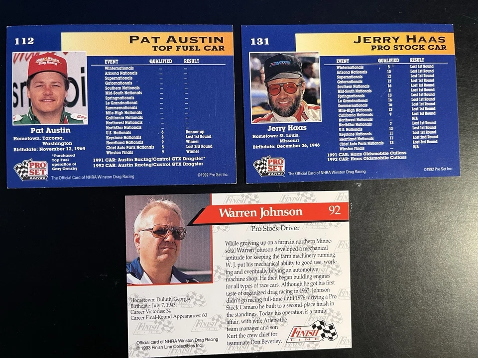 3 Vintage 1992 NHRA Drag Racing Cards, Pat Austin, Jerry Haas, Warren Johnson - Image 2 of 2
