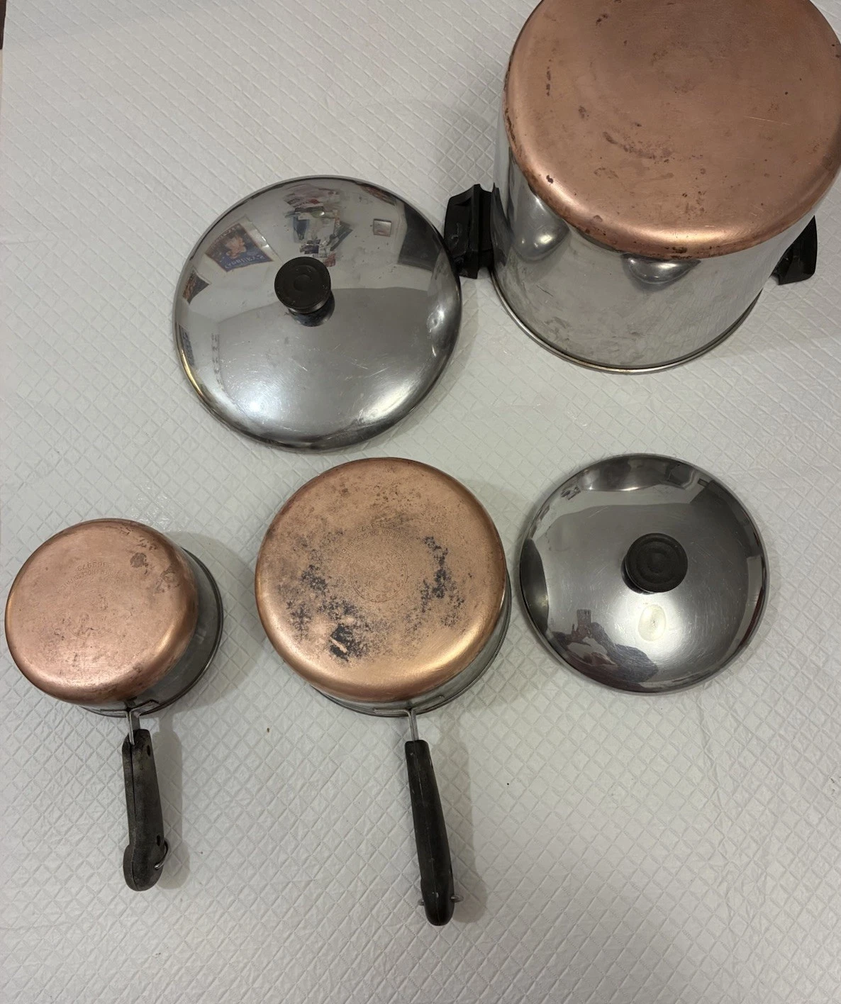 Set/3 Copper Bottom Pots + 2 Lids 2 Pots Are Revereware Incl Stock Pot 2 Smaller