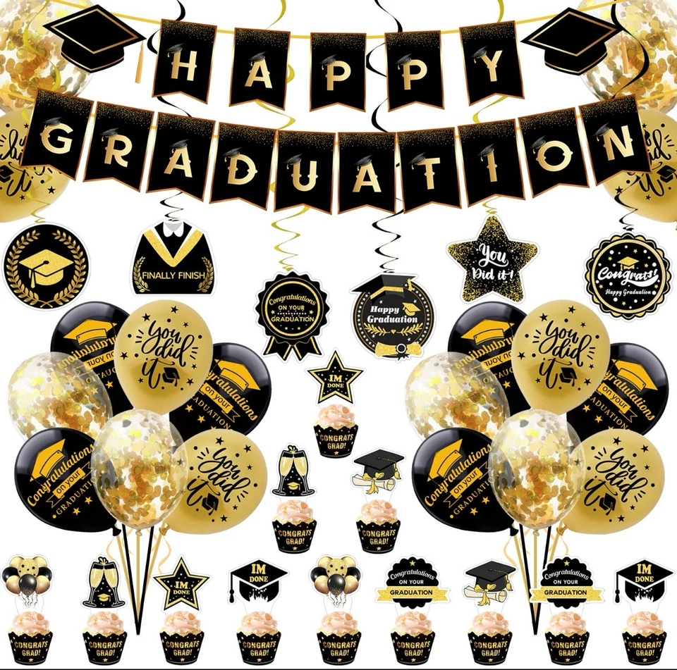 Graduation Balloons Banner Decorations Bunting Cake Toppers Backdrop Props 42Pcs