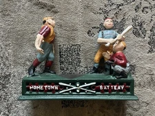 Baseball "Hometown Battery" Mechanical Coin Bank Cast Iron Vintage