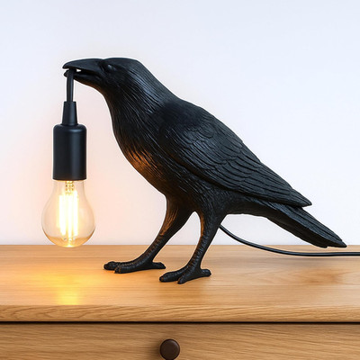 Crow Lamp Holding Light Bulb, Raven Bird Halloween Table Lamp Home Decor, Dark A