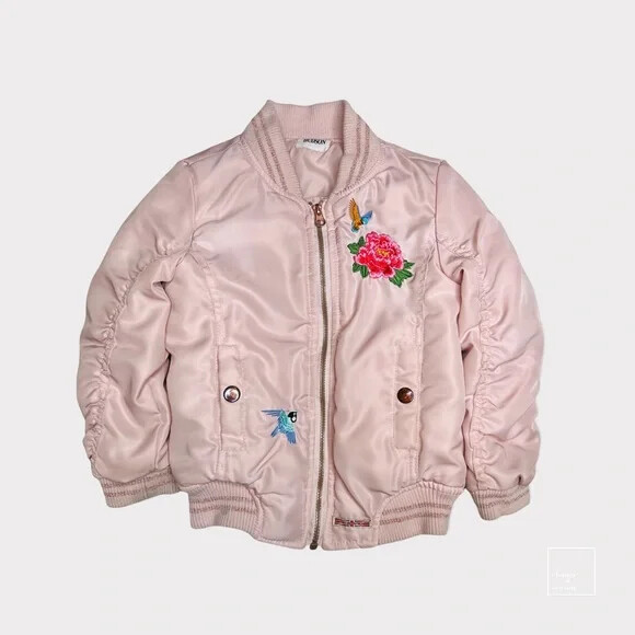 Hudson Girls Pink Hummingbirds Rose Embroidered Full Zip Bomber