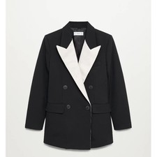 Mng Mango Contrast Lapels Wool Blend Blazer Sz: Xl Black White Double Breasted