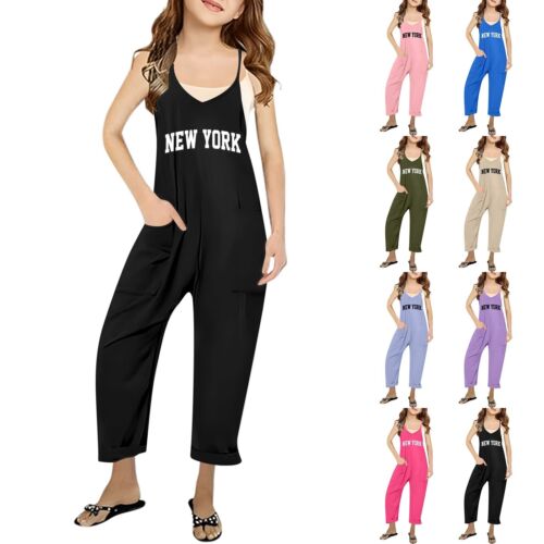 Girls Summer Print V Neck Sleeveless Romper Loose Fit Casual Jumpsuit With