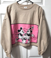 Disney Mickey Minnie Mouse Oversized Beige Pink Cropped Sweatshirt Pullover M