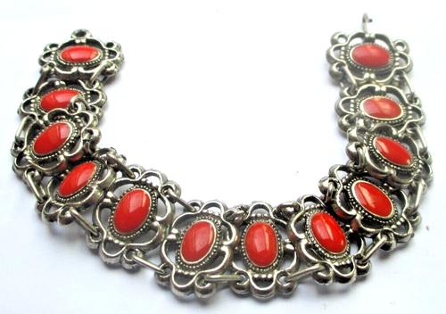 Bracelet Vintage Argenté Avec Perles Oranges - Année 1941 - État Parfait - Bijou Fantaisie