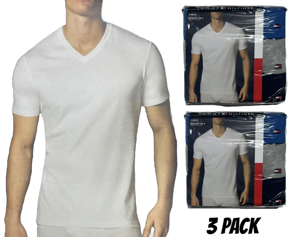 Tommy Hilfiger Hombre Paquete de 3 Camisetas Cuello en V Algodón Verano Camiseta Esencial Top M-XL Foto 4 de 4
