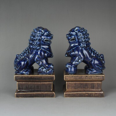 6.2'' Good Chinese Jing De Zhen Blue Glaze Porcelain Duad Lion Figurines Statues