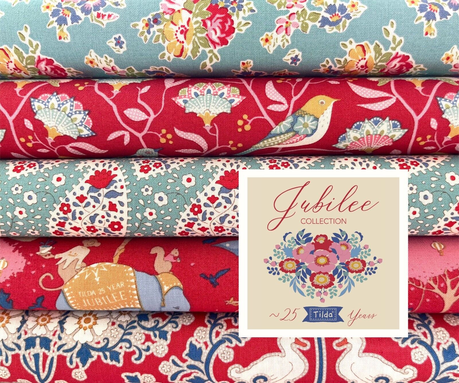 Stoffpaket Tilda Jubilee teal red 5 x 25cm x 110cm Nähen Patchwork Quilten