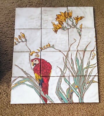 Red Parrot with Lilies 12 Piece Tile Art Large Mural CRAFTSMAN ELAINE CAIN