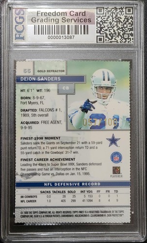 1999 Topps Finest Deion Sanders #55 GOLD Refractor /100 FCGS 10 GEM MINT!!! J208 - Picture 2 of 3