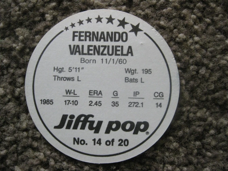1986 JIFFY POP BASEBALL FERNANDO VALENZUELA L.A. DODGERS DISC NO. 14 OF 20 - Image 2 of 2