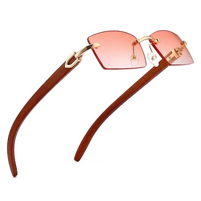 Gold Frame Men's Women's Rimless Woodgrain Frameless Pink Tint Sunglasses