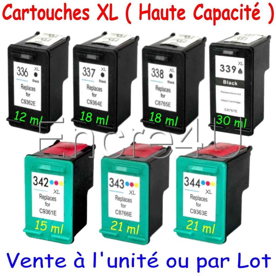 Cartouches encre HP336 XL HP337 XL HP338 XL HP339 XL HP342 XL HP343 XL HP344 XL