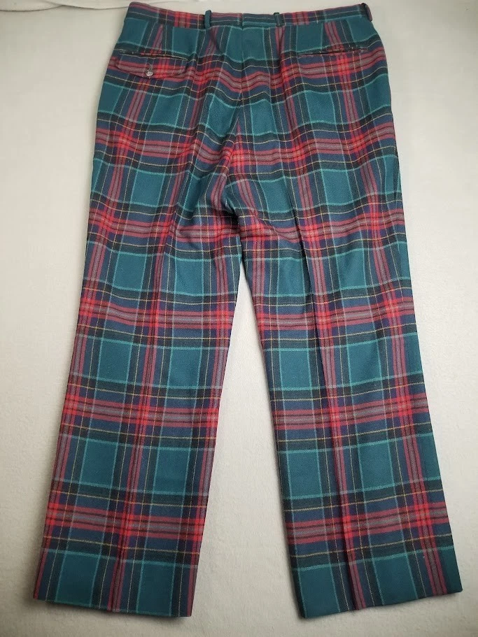 Vtg 70s Dress Pants Red Green Plaid Tartan Wool 36 Talon Zip Preppy Golf Pleated - Image 2 of 4