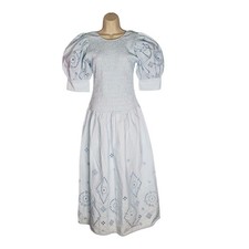 GANNI Broderie Anglaise Eyelet Cotton Midi Dress Light Blue Smocked Size 34 US 2