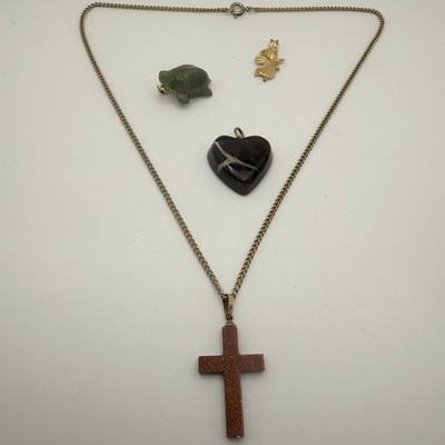 Vintage Necklace Four Pendants Goldstone Cross Jade Turtle Stone Heart Angel 18 