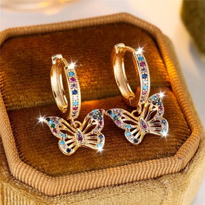 Authentic Gold Plated Multicolor Crystal Butterfly Dangle Hoop Earrings Women
