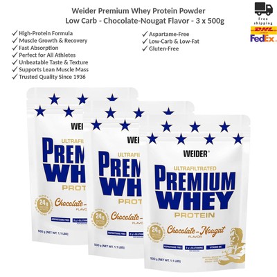 Weider Premium Whey Protein Powder - Low Carb - 3x500g - Chocolate-Nougat Flavor