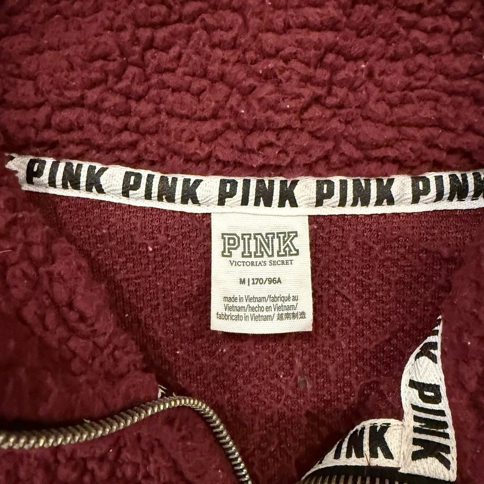 Suéter Y2K DE COLECCIÓN ROSA Victoria's Secret Mediano Rojo Sherpa Manga Larga 1/4 Cremallera Foto 2 de 4