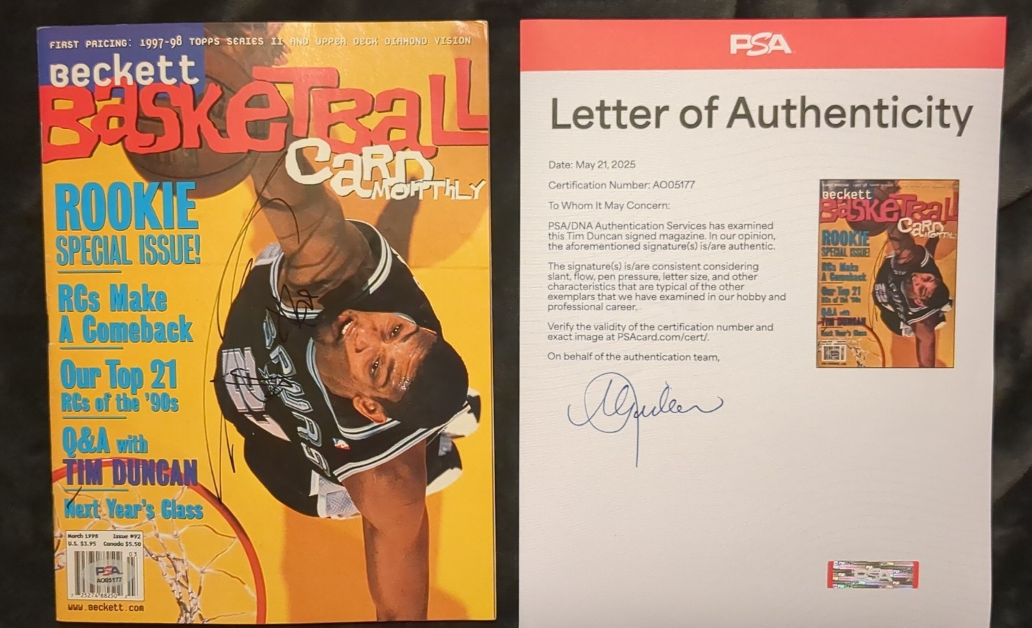 Tim Duncan Autographed Signed San Antonio Spurs No Label Beckett Magazine PSA LOA 