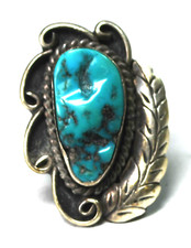 Sterling Silver Vintage Turquoise Chunk Leaf Ring 31mm Size 8