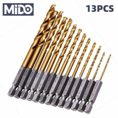 13PCS HSS Twist Drill Bit Set 1/16''-1/4'' Titanium Hex Shank Bits for Metal Wood